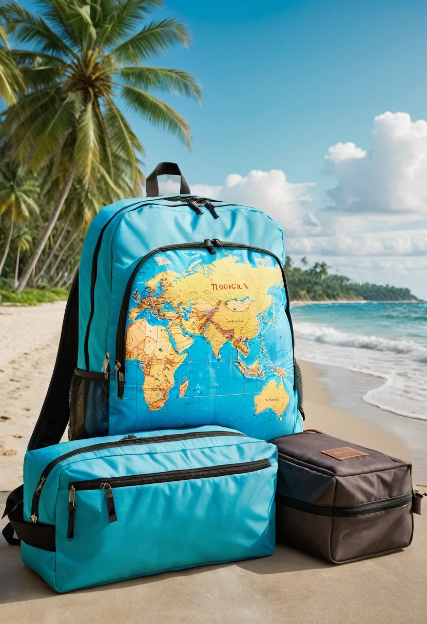 a globetrotter, travel pillow, detailed travel bag, backpack, passport, airplane, airport, world map, compass, tropical scenery, palm trees, ocean view, vibrant colors, cinematic lighting, adventure, (best quality,4k,8k,highres,masterpiece:1.2),ultra-detailed,(realistic,photorealistic,photo-realistic:1.37),detailed photography,dynamic composition
