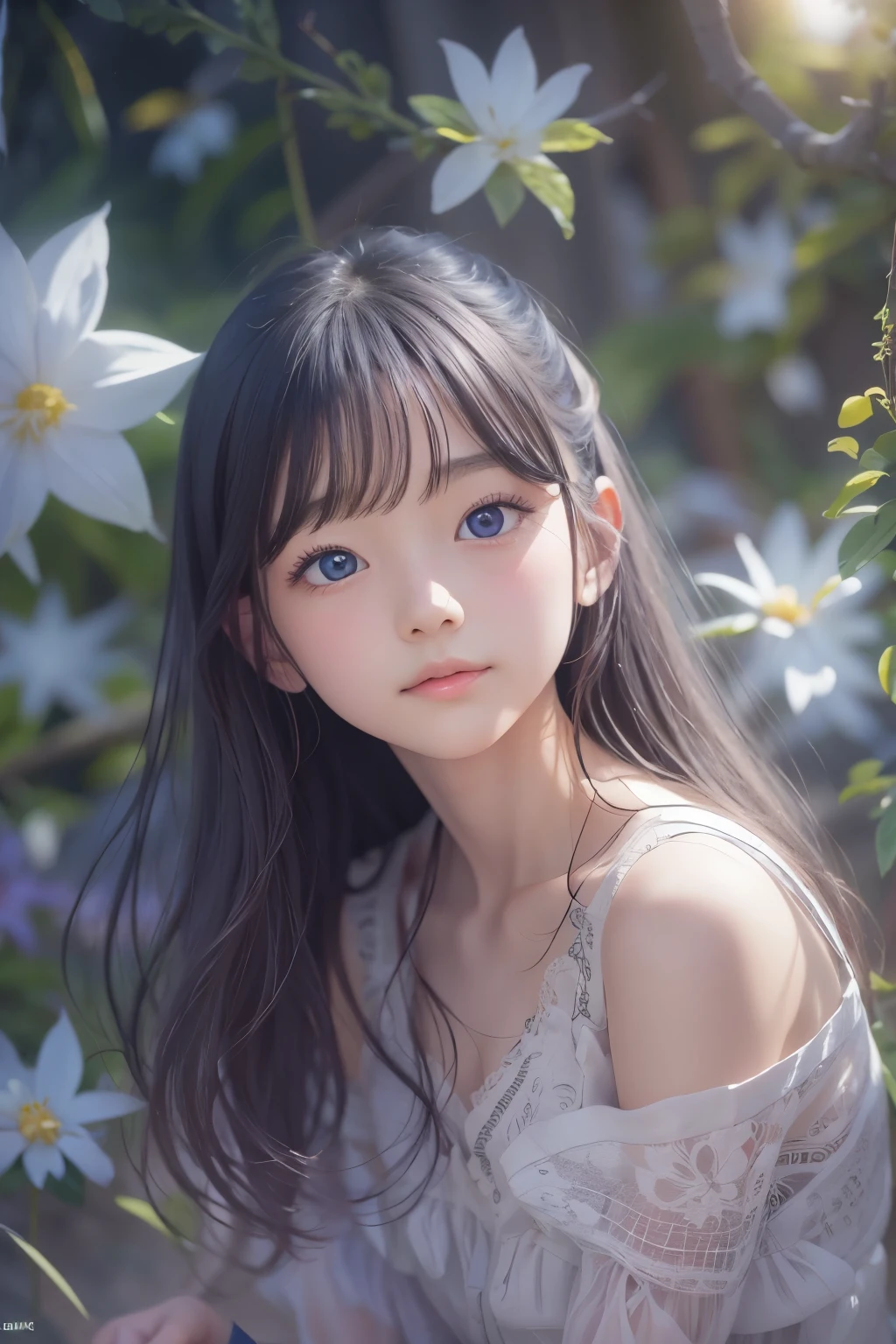 Realistic、８age、Real masterpieces, Highest quality, Highly detailed shape,1 Girl,alone, 画像Book体, flower, Looking at the audience、 Purple eyes, Jewel-like eyes, Very beautiful eyes, Highly detailed face,, , star (null), star座, Purple Energy, handrail, 流star、Shiny, straight, long hair down to the waist, Beautiful shiny bangs、16ｋ、photograph、quality、Looking down on a young girl from above、指は4Book、The thumb１Book、Well-formed fingers、smile、24ｋ、