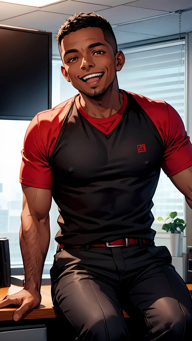 man1,(black skin),round face,brown eyes,black hair,hairless fade haircut,red shirt,pants,(Office room,Sitting behind a desk),((He laughs)),HD,highly detailed