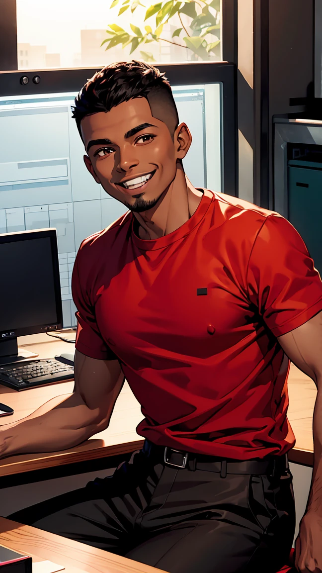 man1,(black skin),round face,brown eyes,black hair,hairless fade haircut,red shirt,pants,(Office room,Sitting behind a desk),((He laughs)),HD,highly detailed