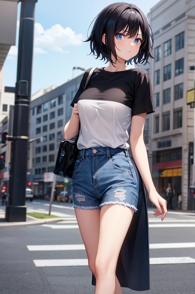 A girl, short black hair, blue eyes, wearing plain white shirt, denim short, city, absurdres, 8K, masterpiece, looking at viewer