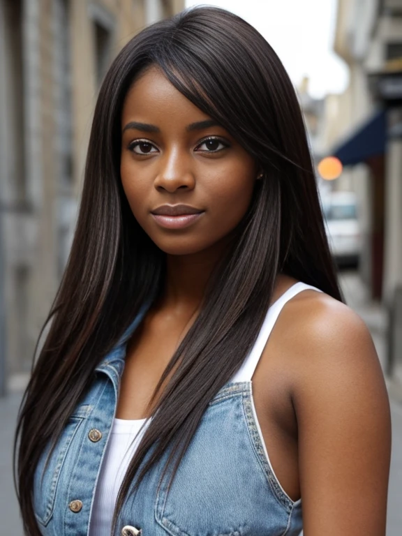 une femme noire et brune de 21 ans, Ici&#39;sur le visa trois natures, belles lèvres, Yeux fins, sourcils fins, nez mince, des boucles d&#39;oreilles, Cils longs., Met en valeur son sens unique de la mode dans un cadre branché. Elle porte un ensemble chic, combinant des pièces modernes avec des influences culturelles. L&#39;Image haute résolution capture un réalisme ultra détaillé, soulignant la pose confiante de Nyla, Des yeux captivants, et un teint impeccable. La toile de fond dynamique du paysage urbain ajoute une touche, créer une représentation visuelle représentative du style et du&#39;expression individuelle de Nyla.