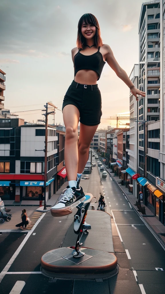 a woman standing on top of a skateboard on a city street, standing on rooftop, posing in an urban street, dancing on a pole, floating over a city sidewalk, standing in a city street, harumi, bian luan, in a jumping float pose, standing in street, standing on a rooftop, standing on the street, girl sitting on a rooftop