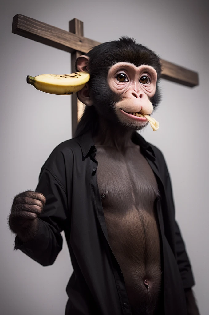 (masterpiece), best quality, very detailed face, ((old man wearing a black suit suit suit stands beside)) (((nude naked young white girl who wears colorful tribal body paint and smiles and has short brown braid hair and holds a banana))) and has blue eye and medium breast and nipple and thigh and tribal necklace and earring and tribal bracelet, standing in classroom, classroom, modern art on wall, crowd of old men in blue suits in the background,