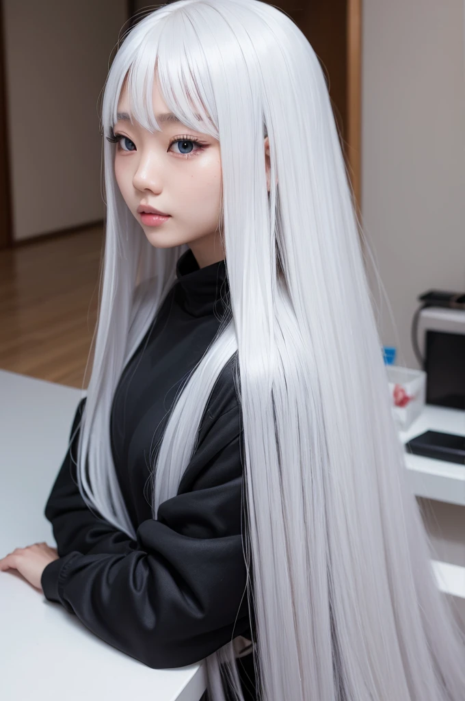 1 Asian girl long platinum hair with silicone