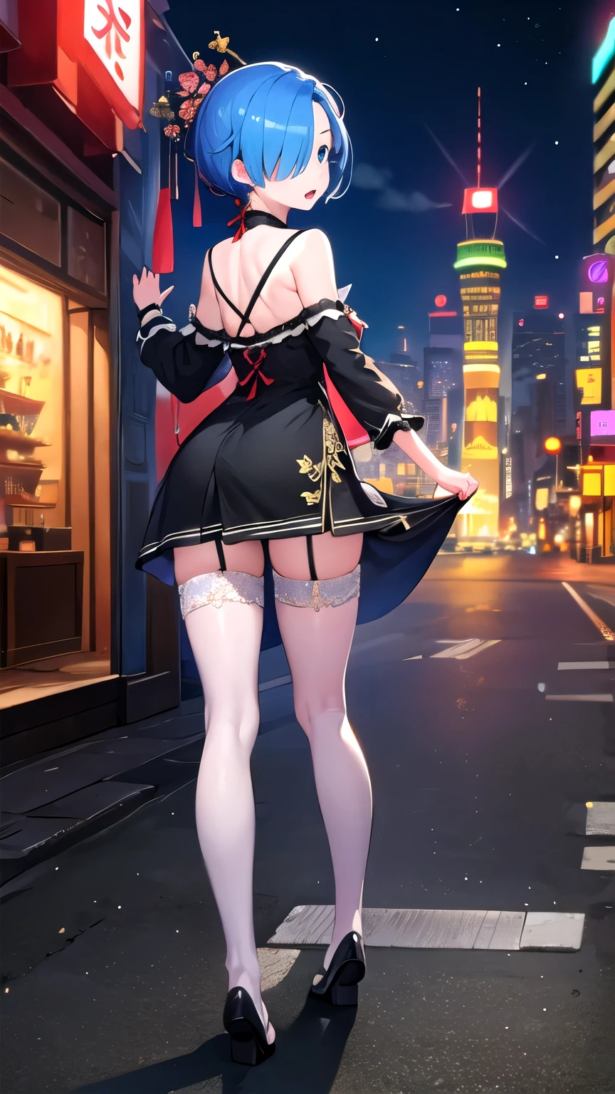 hdr, soft light, ((best quality)), ((masterpiece)), (detailed), remrin, (hair over one eye:1.1),skinny fit,big blue eyes, cute face, city, street, night, neon lights, chinese dress,small breast,cleavage,white stockings, in middle,staying in center, full body, from behind.