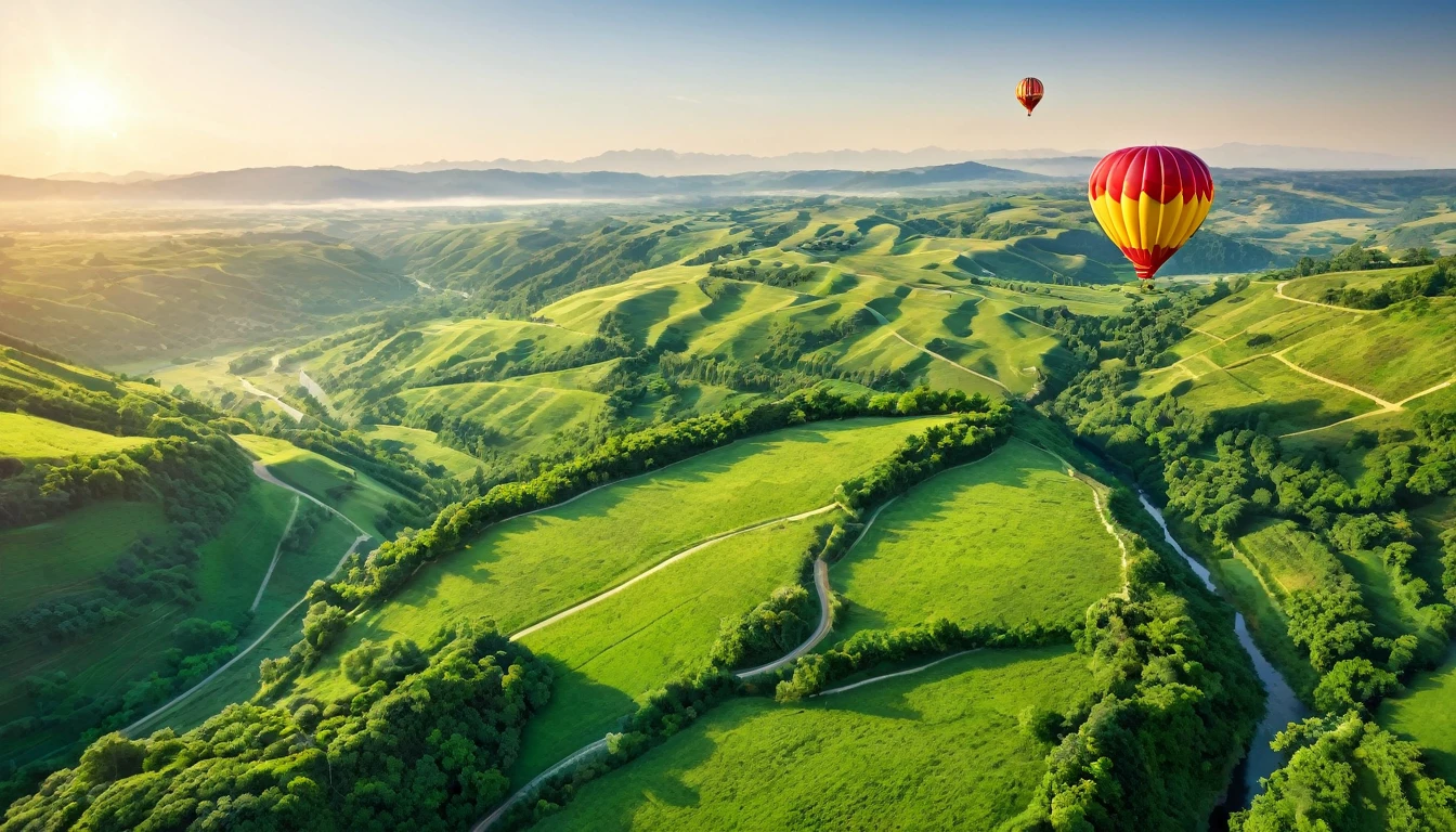 Picture of air balloon flying above a lush green valley on a warm sunny day
