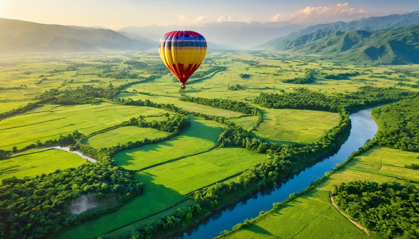 Picture of air balloon flying above a lush green valley on a warm sunny day