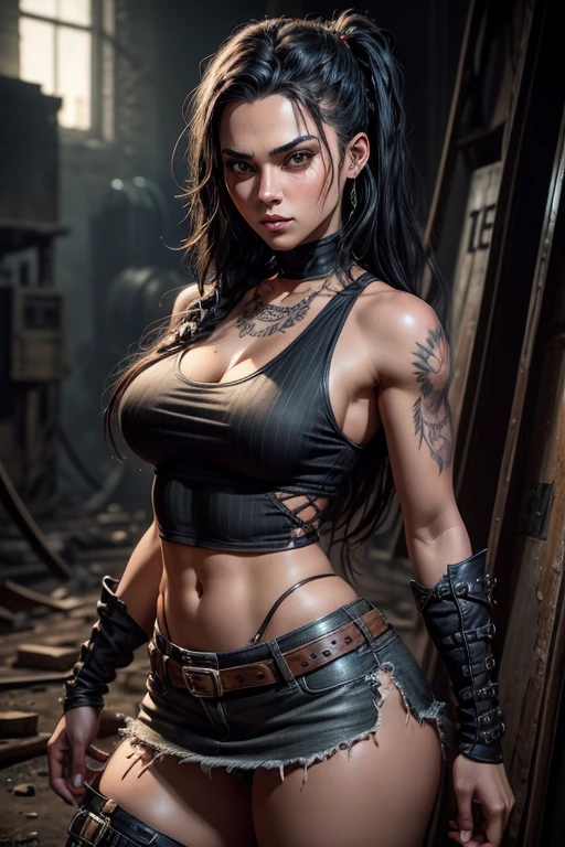 Woman with long black dreadlocks, fair skin, brown eyes, dirty face, dirty skin, wearing black sleeveless tank top with 3D biohazard on it, short grey checked skirt with black boots, complex tattoos, darkercore, standing in an abandoned machine hall, gothic background, Artgerm artwork, gothic artwork Gustavo Cabral, digital painting, style digital art, gothic poster  Artworks, fantasy art, like Artgerm, Gustavo Cabral, very detailed, background Gothic background, cinematic lighting, detail,