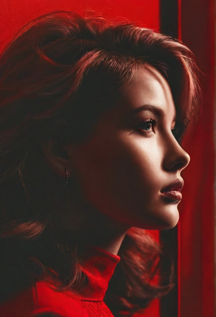 A red monochromatic photo of a woman in three quarter view close up shot, photo