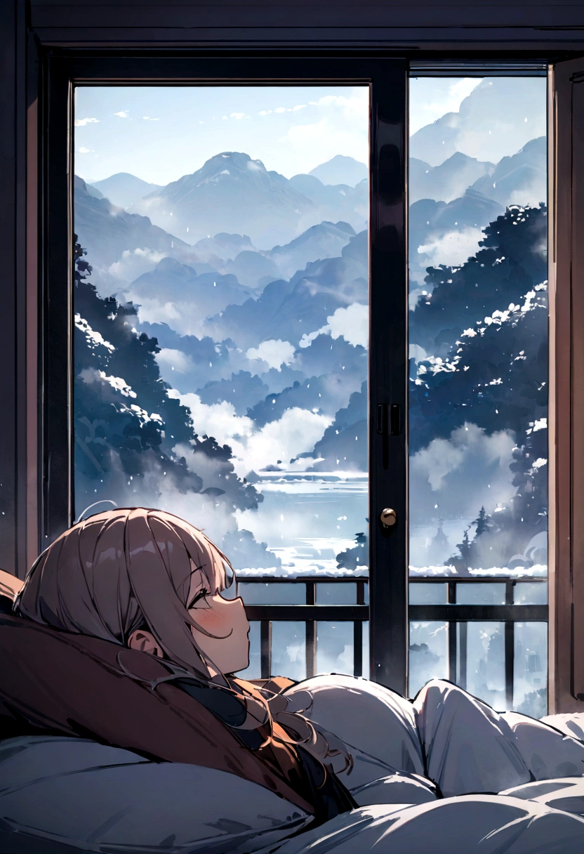 (masterpiece, bestquality),Bedroom with snow view,Outside the window,Fog,Comfy bed.,Sea of clouds with rain,warm,