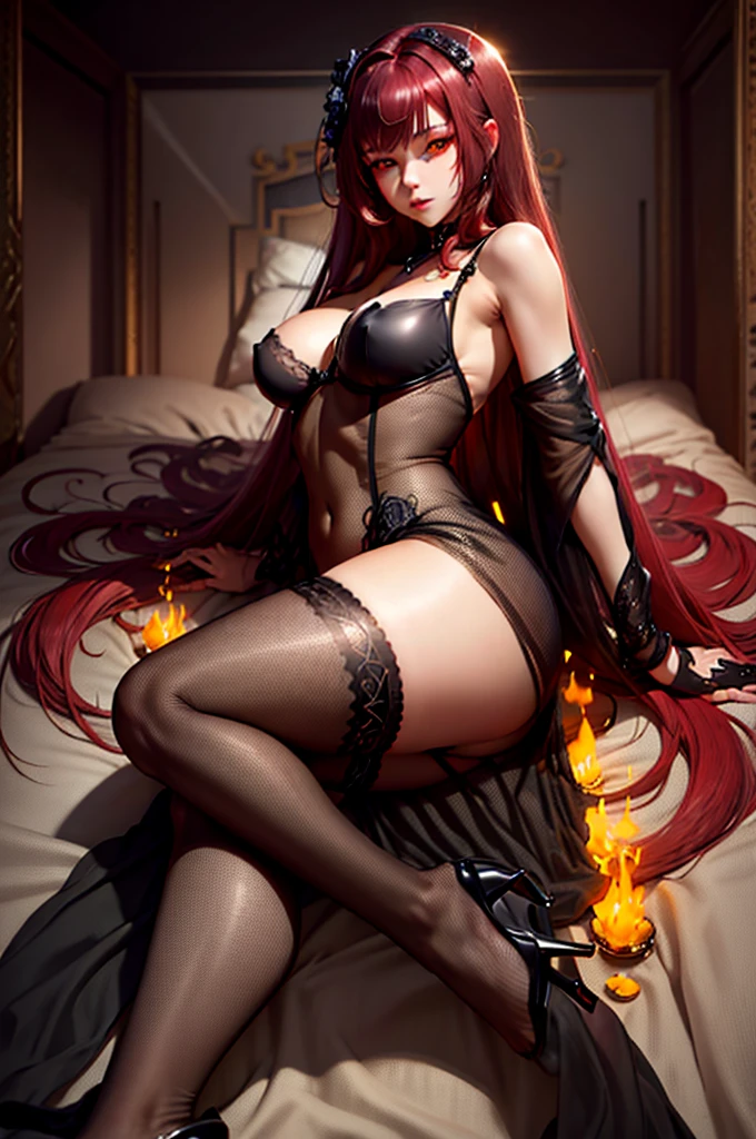 Master piece, full hd, wearing black lingerie, black lace, black stocking, nsfw, long red hair, yellow eyes.