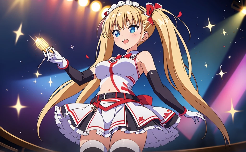 MLTD bg style, (best quality, 8K, masterpiece, HDR, ultra detailed:1.2), cinematic angle, (light particles, sparkle), lens flare, depth of field, bokeh,
1girl, white gloves, open mouth, microphone, short puffy sleeves, glowstick, smile, petals, maid headdress, frills, blush, solo, stage, white thighhighs, belt, hair bow, hair ribbon, medium breasts, idol, upper teeth only, looking away, aqua bow, frilled skirt, hair ornament, frilled dress, audience, solo focus, concert, zettai ryouiki, spotlight, stage lights, shiny hair, looking afar, buckle, belt buckle, elbow gloves, wing collar, jewelry, petticoat, navel, black, hair,