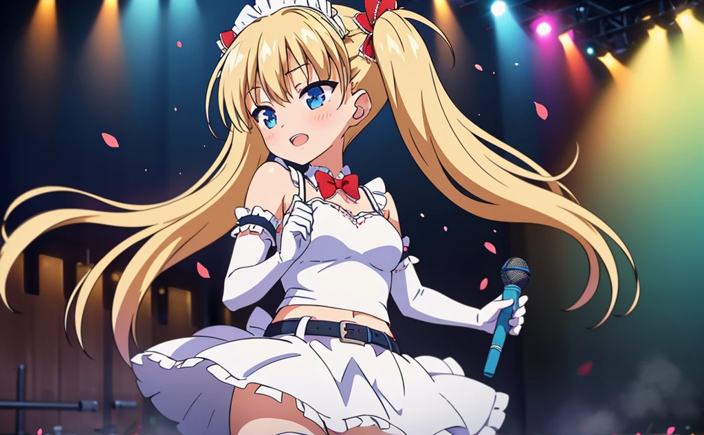 MLTD bg style, (best quality, 8K, masterpiece, HDR, ultra detailed:1.2), cinematic angle, (light particles, sparkle), lens flare, depth of field, bokeh,
1girl, white gloves, open mouth, microphone, short puffy sleeves, glowstick, smile, petals, maid headdress, frills, blush, solo, stage, white thighhighs, belt, hair bow, hair ribbon, medium breasts, idol, upper teeth only, looking away, aqua bow, frilled skirt, hair ornament, frilled dress, audience, solo focus, concert, zettai ryouiki, spotlight, stage lights, shiny hair, looking afar, buckle, belt buckle, elbow gloves, wing collar, jewelry, petticoat, navel, NSFW show pussy