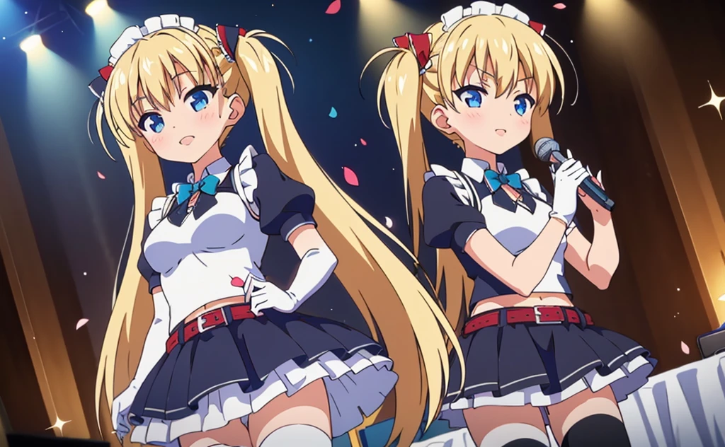 MLTD bg style, (best quality, 8K, masterpiece, HDR, ultra detailed:1.2), cinematic angle, (light particles, sparkle), lens flare, depth of field, bokeh,
1girl, white gloves, open mouth, microphone, short puffy sleeves, glowstick, smile, petals, maid headdress, frills, blush, solo, stage, white thighhighs, belt, hair bow, hair ribbon, medium breasts, idol, upper teeth only, looking away, aqua bow, frilled skirt, hair ornament, frilled dress, audience, solo focus, concert, zettai ryouiki, spotlight, stage lights, shiny hair, looking afar, buckle, belt buckle, elbow gloves, wing collar, jewelry, petticoat, navel, black, hair,