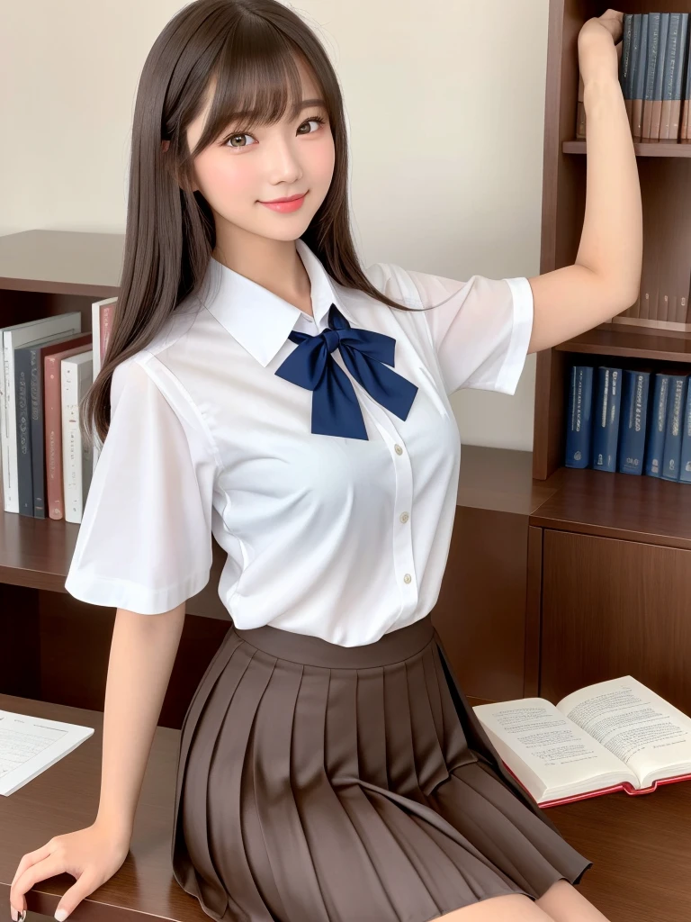 masterpiece, 1girl in 1photo, upper body shot, front view, young pretty girl in Japan, 18 years old, studying in a library of a high school with a historical record book on the desk, a big smile, glamorous figure, wearing a short sleeve shiny satin white shirt with white collar, a shiny red satin plain bow tie, wearing a long length dark blue pleated skirt, super cute face, glossy lips, double eyelids for both eyes, natural makeup, long eyelashes, shiny smooth light brown hair of long bob hairstyle, asymmetrical bangs, tanned skin, center image, 8K resolution, high resolution, detailed hairstyle, detailed face, spectacular movie lighting, octane rendering, vibrant, hyper realistic, perfect limbs, perfect anatomy