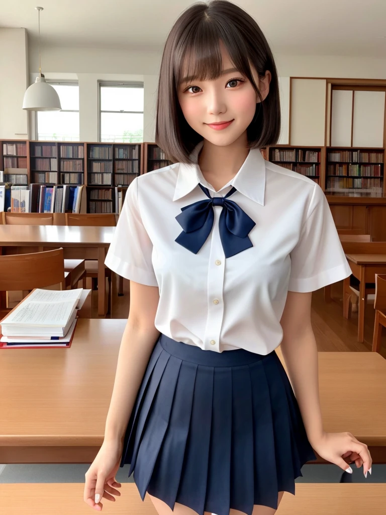 masterpiece, 1girl in 1photo, upper body shot, front view, young pretty girl in Japan, 18 years old, studying in a library of a high school with a historical record book on the desk, a big smile, glamorous figure, wearing a short sleeve shiny satin white shirt with white collar, a shiny red satin plain bow tie, wearing a long length dark blue pleated skirt, super cute face, glossy lips, double eyelids for both eyes, natural makeup, long eyelashes, shiny smooth light brown hair of long bob hairstyle, asymmetrical bangs, tanned skin, center image, 8K resolution, high resolution, detailed hairstyle, detailed face, spectacular movie lighting, octane rendering, vibrant, hyper realistic, perfect limbs, perfect anatomy