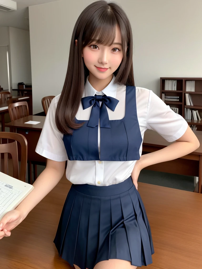 masterpiece, 1girl in 1photo, upper body shot, front view, young pretty girl in Japan, 18 years old, studying in a library of a high school with a historical record book on the desk, a big smile, glamorous figure, wearing a short sleeve shiny satin white shirt with white collar, a shiny red satin plain bow tie, wearing a long length dark blue pleated skirt, super cute face, glossy lips, double eyelids for both eyes, natural makeup, long eyelashes, shiny smooth light brown hair of long bob hairstyle, asymmetrical bangs, tanned skin, center image, 8K resolution, high resolution, detailed hairstyle, detailed face, spectacular movie lighting, octane rendering, vibrant, hyper realistic, perfect limbs, perfect anatomy