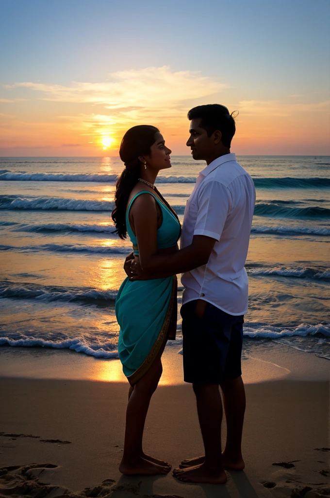 Skyline, beach view, sunset, indian couple watching