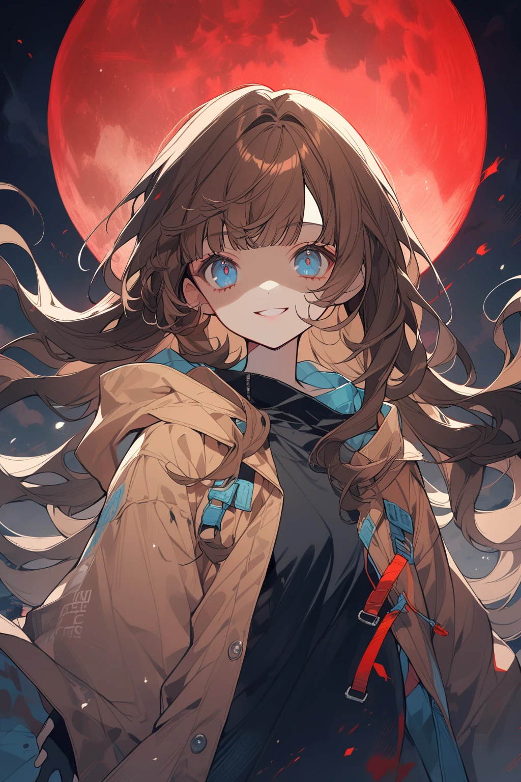 1 girl, CuteStyle, upper body, bottom view, blue eyes, brown hair, long hair with bangs, looking at the viewer, flowing hair, wearing a black T-shirt, fingerless black gloves, unbuttoned black raincoat without hood, standing on the roof outside, night, big red moon, smile, shaded face, face in blood, detailed, beautiful, delicate tones