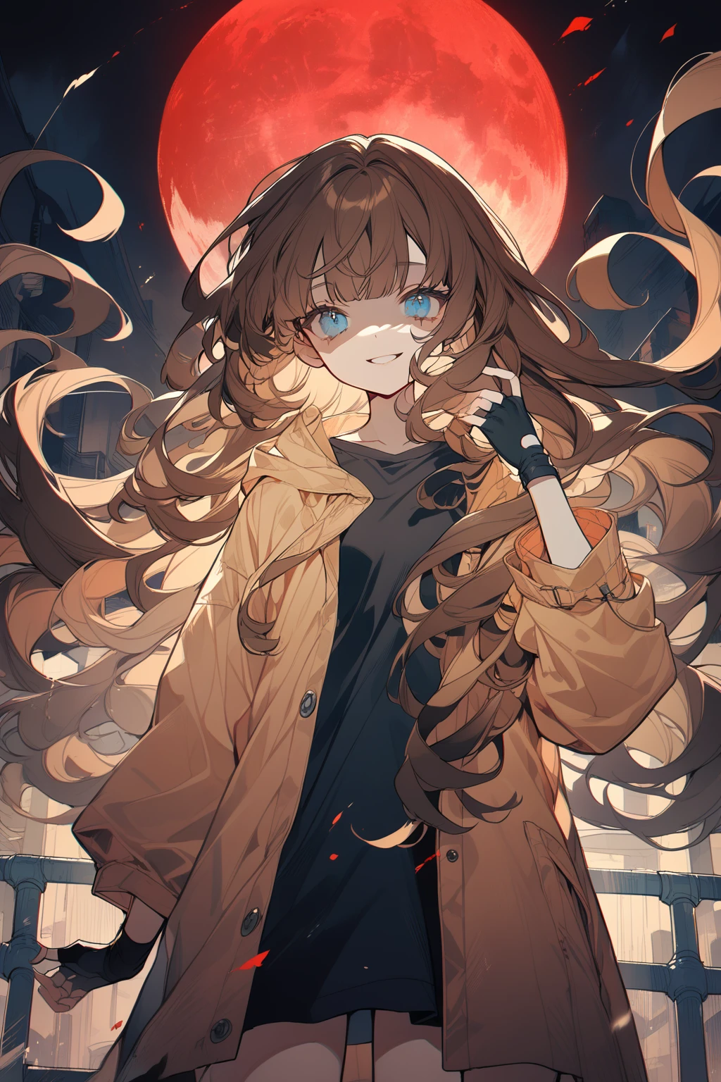 1 girl, CuteStyle, upper body, bottom view, blue eyes, brown hair, long hair with bangs, looking at the viewer, flowing hair, wearing a black T-shirt, fingerless black gloves, unbuttoned black raincoat without hood, standing on the roof outside, night, big red moon, smile, shaded face, face in blood, detailed, beautiful, delicate tones