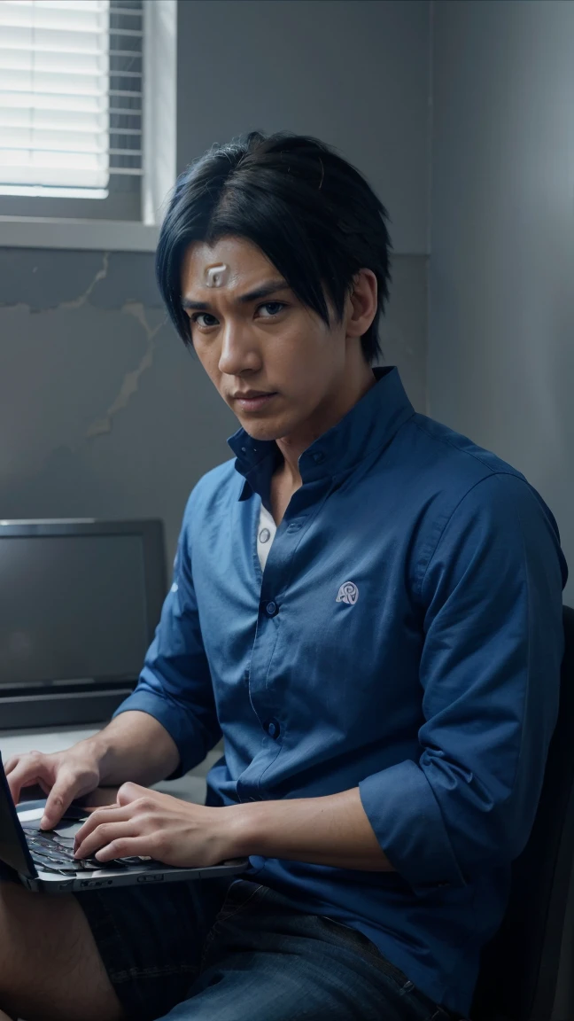 a man with a blue eyes and a blue shirt is sitting on a laptop, badass anime 8 k, naruto artstyle, 4 k manga wallpaper, 4k anime wallpaper, anime wallpaper 4k, anime wallpaper 4 k, anime style 4 k, naruto uzumaki, wallpaper 4k, wallpaper 4 k, anime art wallpaper 8 k, 4k detailed digital art