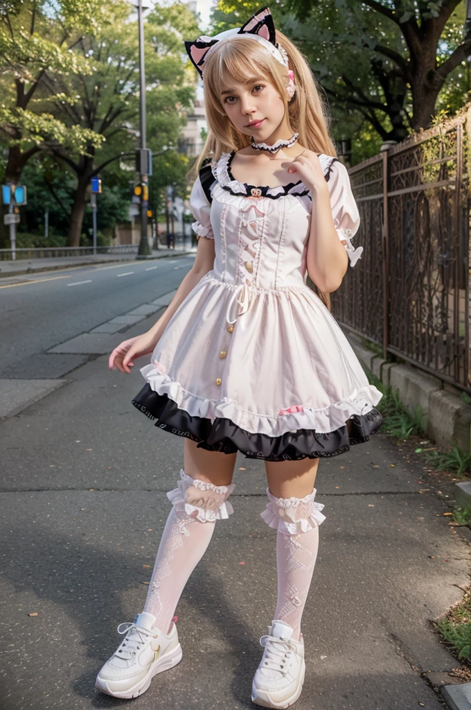 Superb detail, 8k photos, hyper-realism, professional light, realistic background, visual depth, background bokeh, wide angle lens, full body, (30 years old, cute, , flat chest, cat ears), 1girl, colored eyes, blonde hair, (Loliashion: 1.5), (lace, frilled shirt, white petticoat, sneakers), (plush toy), pink cute backpack, street, fashion