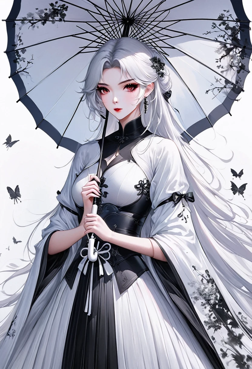 (Lots of white space:1.5),(Lots of white space around:1.6), White background, simple, Minimalism, Abstract,Hand Painted,Aesthetic,black and white,Ink Painting,,Falling Flowers,Girl holding an umbrella in the distance,(Umbrella:1.7),一幅Abstract的艺术插图, author:Li Song, Arte no estilo de Gu Weiss, Shin Jin Hye, Obra-prima de Gu Weiss, Ross Figure 1. 0, Beautiful digital illustrations, Inspired by Non-WLOP, simple數位藝術, jingna zhang, Gu Weiss, Stunning digital illustrations