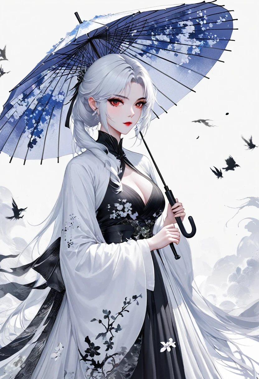 (Lots of white space:1.5),(Lots of white space around:1.6), White background, simple, Minimalism, Abstract,Hand Painted,Aesthetic,black and white,Ink Painting,,Falling Flowers,Girl holding an umbrella in the distance,(Umbrella:1.7),一幅Abstract的艺术插图, author:Li Song, Arte no estilo de Gu Weiss, Shin Jin Hye, Obra-prima de Gu Weiss, Ross Figure 1. 0, Beautiful digital illustrations, Inspired by Non-WLOP, simple數位藝術, jingna zhang, Gu Weiss, Stunning digital illustrations
