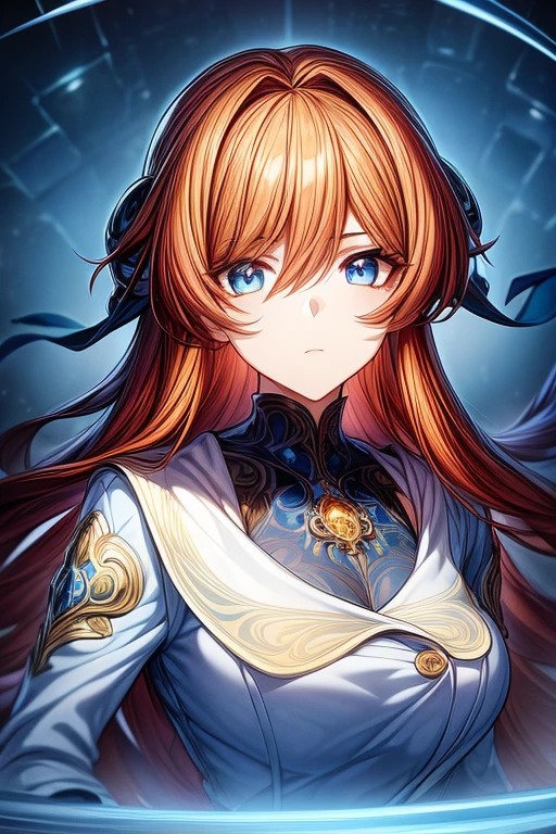 (masterpiece, best quality, perfect face, expressive eyes), 1girl, (anime), (adult), blue eyes, orange hair, blue jewelry, white coat, intricate details,