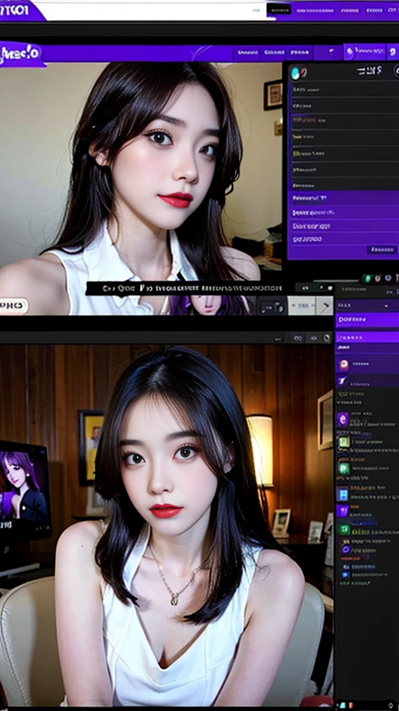 (Bird-eye perspective : 1.5), (((SFW : 1.2))), (intricate details:1.2), (masterpiece:1.3), (top quality:1.4), (Ultra A high resolution:1.2), 8K resolution, dark, (high quality), A woman is filming a Twitch broadcast, she is twitch streamer, she is look happy, korean, 23 years old, fairly slim body, femme fatale makeup, slim waist, her legs is slim and beautiful, fan service, hair turned to one side, hair bang, she being weared tight made uniform cosplay, wearing pantyhose in the made uniform skirt, this scene is Personal broadcast interface screen, BJ, female's Cam, on a private broadcast., Shooting equipment, various props, a Girl's Room for personal photography purposes, being sexy pose and dancing on the chair, cowboy shot, her gaze looking downward, she is talking funny with you, daincing, both elbow and arms up, shake the hip, she makes interesting reaction poses herself, microphone on a desk, Chat communication with viewers, Show chat log, Show viewers list, twitchchat, blackout curtain installed background, indirect light, language is Korean, 화면에 이 영상의 조회수가 올라가고 있습니다, 그녀의 영상에 열광하는 시청자들은 그녀에게 온라인 후원을 하며 그녀에게 채팅을 요구합니다. 화면 분할됨, 그녀의 방송 화면을 화면 밖에서 지켜보는 남자