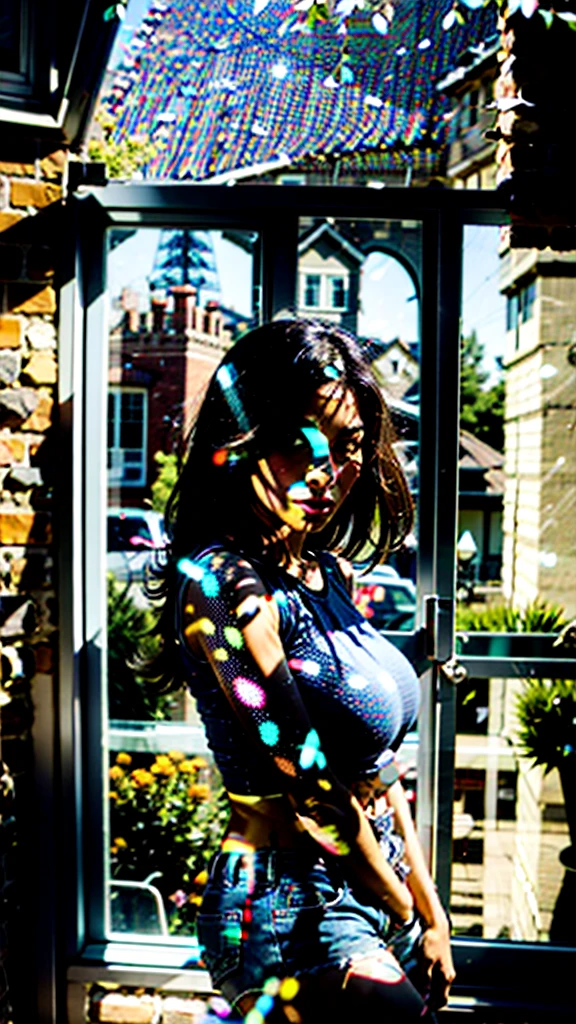 Beautiful Persian woman in shorts and crop top at the beach, model posing, angle face,round face,big breast,big chick,big breast,ass,a close up of a window with a brick wall and a stone wall, window, the window, window at the center, bars on the windows, glass window, open window ib background, photo of a beautiful window, broken windows, window open, window in foreground, open window, brick, window ( city ), church window, windows and walls :5
