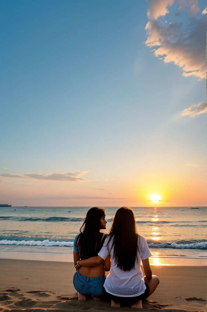A girl with long hair sits on the beach,sunset,There is a cat next to the girl