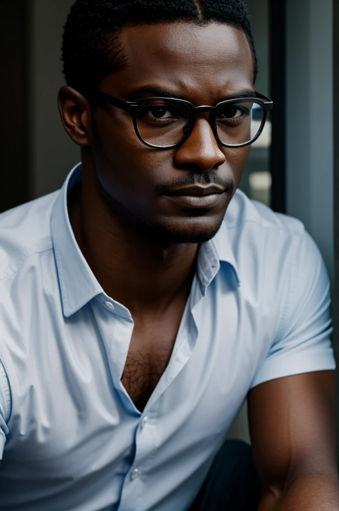 Create a dark-skinned hero with glasses and very strong 