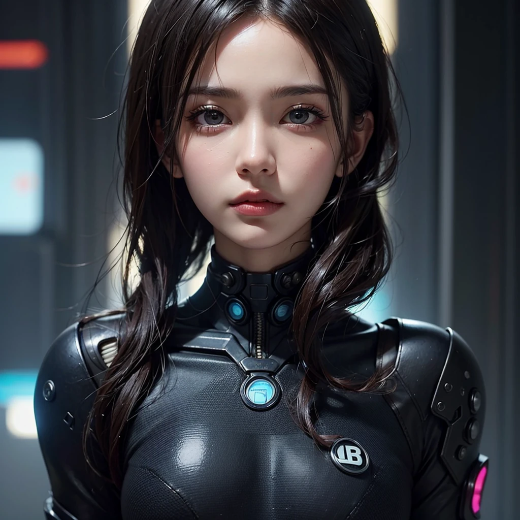 (masterpiece), (best quality), (very detailed), (1 woman), (cyberpunk), Asian female agent, detailed eyes, Detailed nose, Detailed lips, perfect face, perfect body, sexy pose, women combat suit, face and upper body, stare at coup, portrait