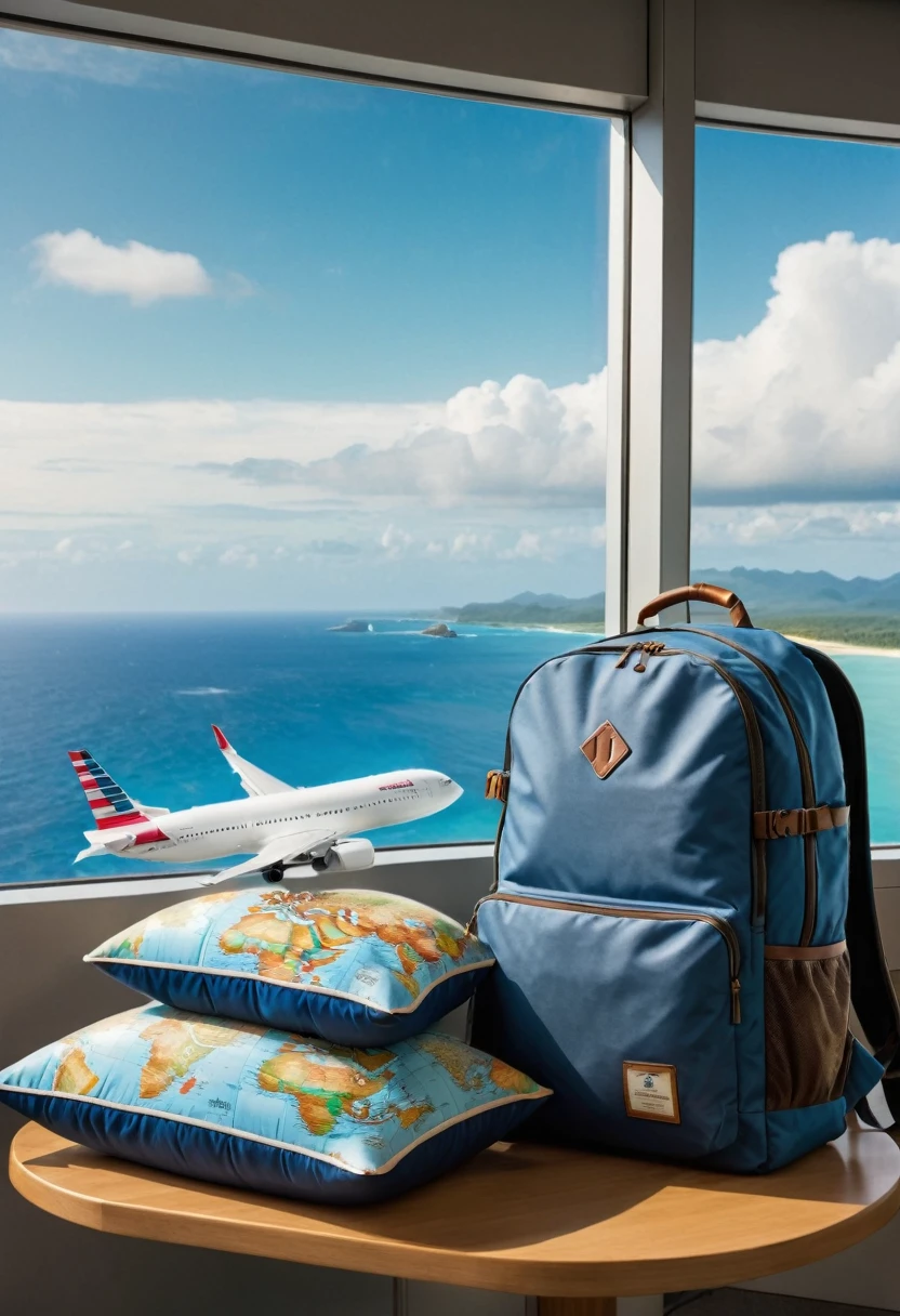 a globetrotter, travel pillow, detailed travel bag, backpack, passport, airplane, airport, world map, compass, tropical scenery,ocean view, airport, cinematic lighting, adventure, (best quality,4k,8k,highres,masterpiece:1.2),ultra-detailed,(realistic,photorealistic,photo-realistic:1.37),detailed photography,dynamic composition