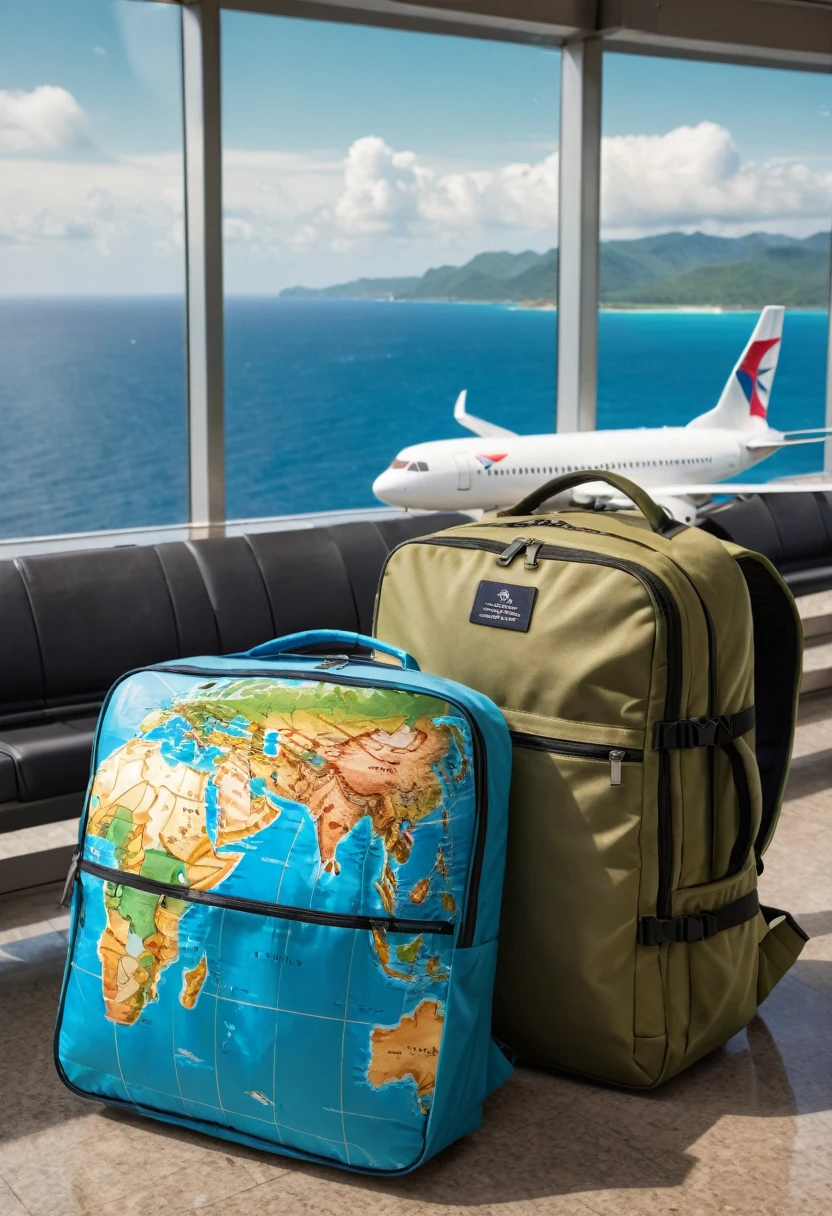 a globetrotter, travel pillow, detailed travel bag, backpack, passport, airplane, airport, world map, compass, tropical scenery,ocean view, airport, cinematic lighting, adventure, (best quality,4k,8k,highres,masterpiece:1.2),ultra-detailed,(realistic,photorealistic,photo-realistic:1.37),detailed photography,dynamic composition