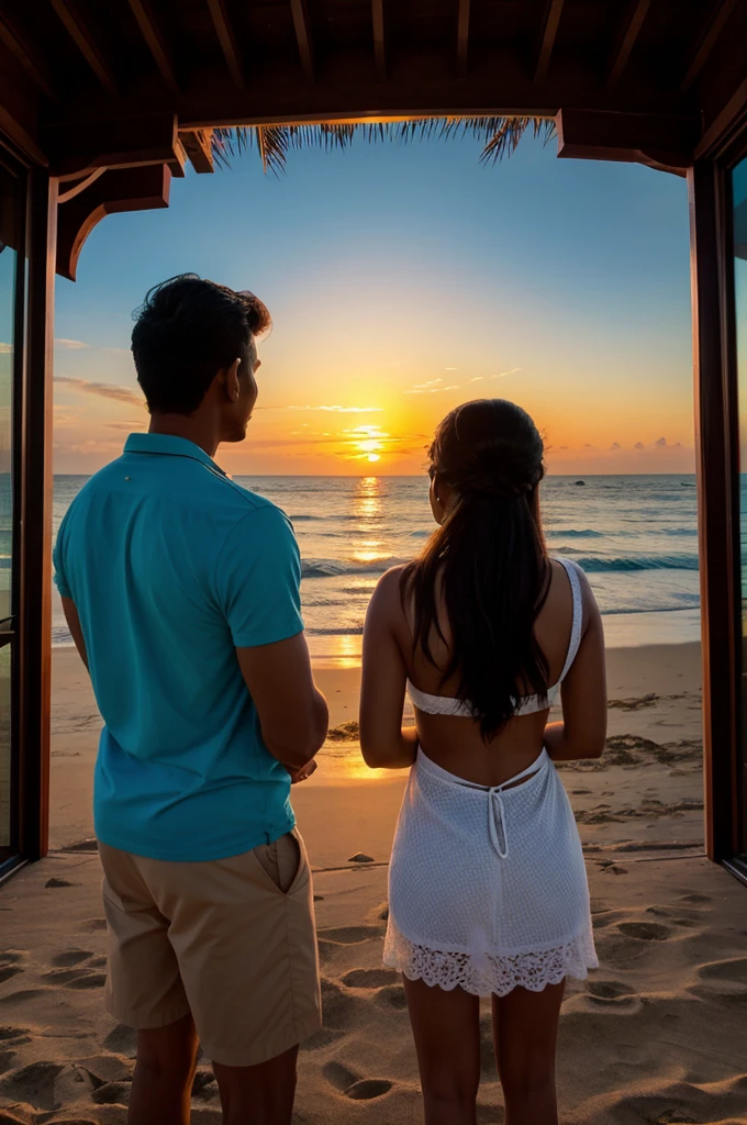 Skyline, beach view, sunset, indian couple watching back view