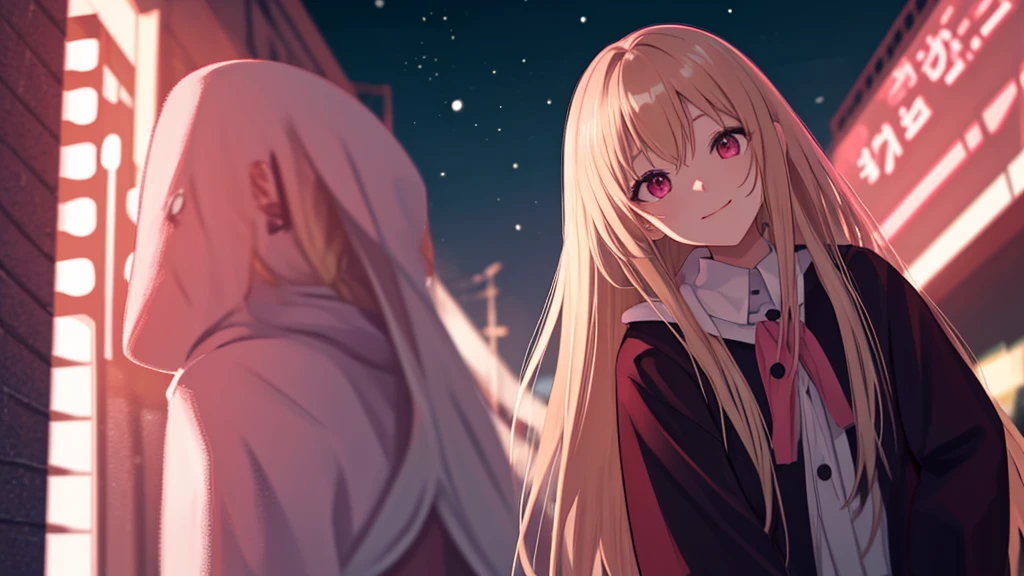 adult woman, pink eyes, long blonde hair, night, smile