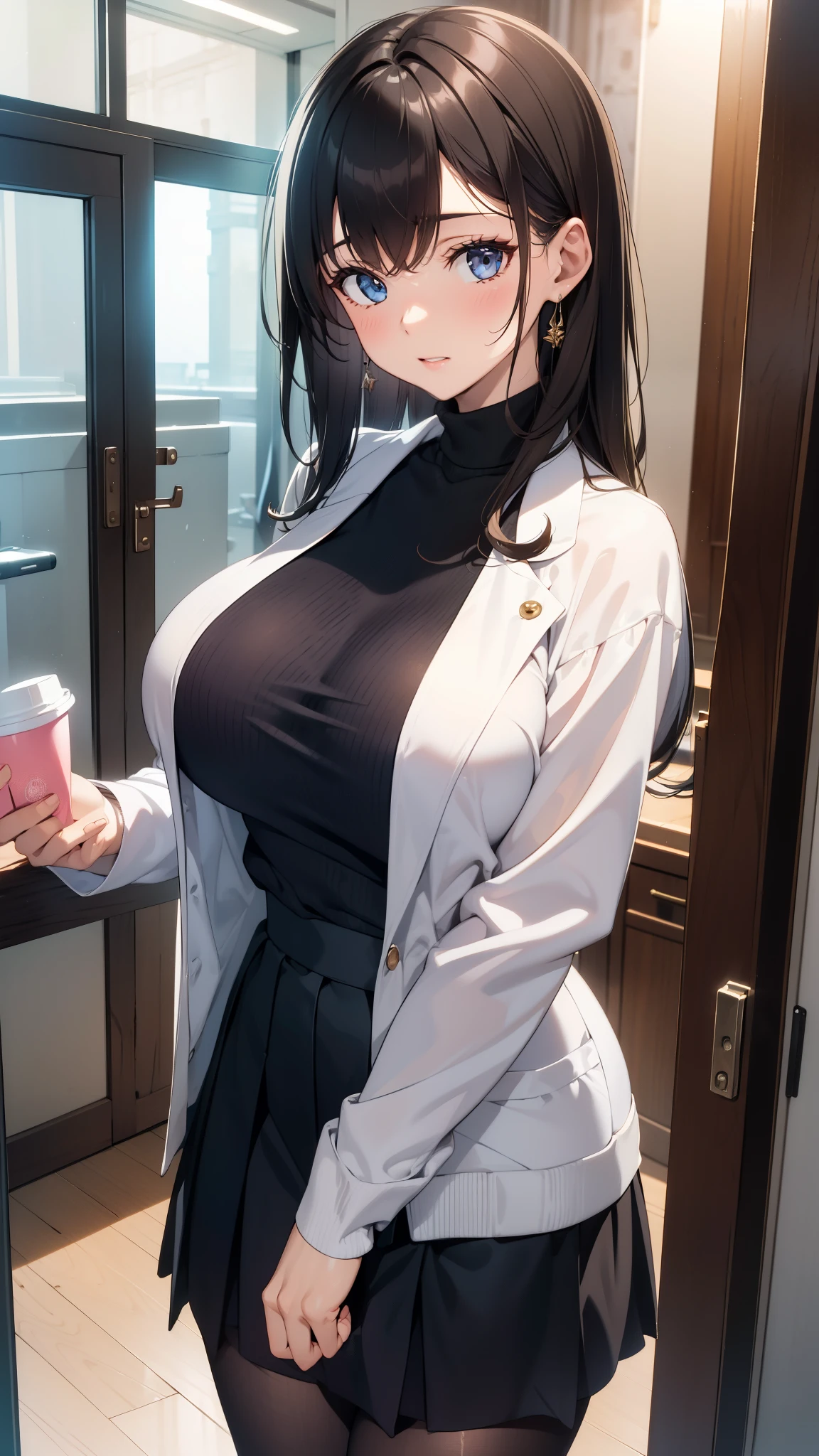 (be familiar with, masterpiece, highest quality, complex),
(((big breasts))),
1 girl, alone, (milf:1.3), (Doctor white Code)
Straight black hair、Long hair、Narrow, sharp eyes、Thin jaw、Turtleneck sweater、White、Public Health Physician、Female doctor、Shiny black stockingini skirt、high school、