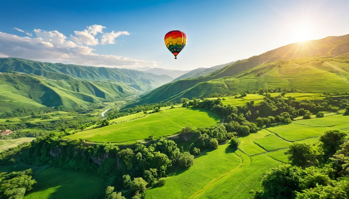 Picture of air balloon flying above a lush green valley on a warm sunny day
