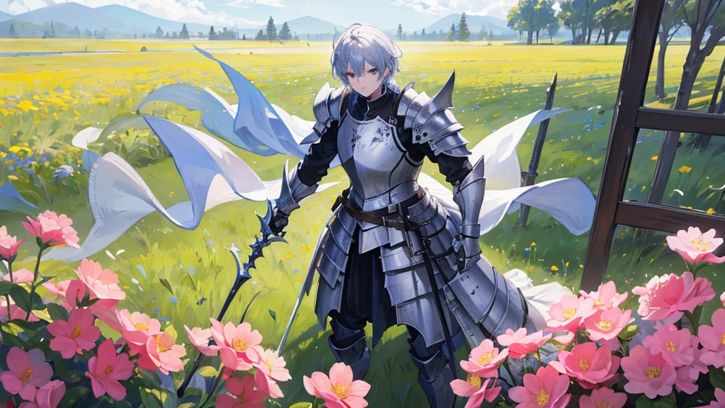 absurdres, high res, ultrasharp, 8K, masterpiece, 5 fingers each hand, knight, male, armor, full plate armor, holding, holding flowers, field background