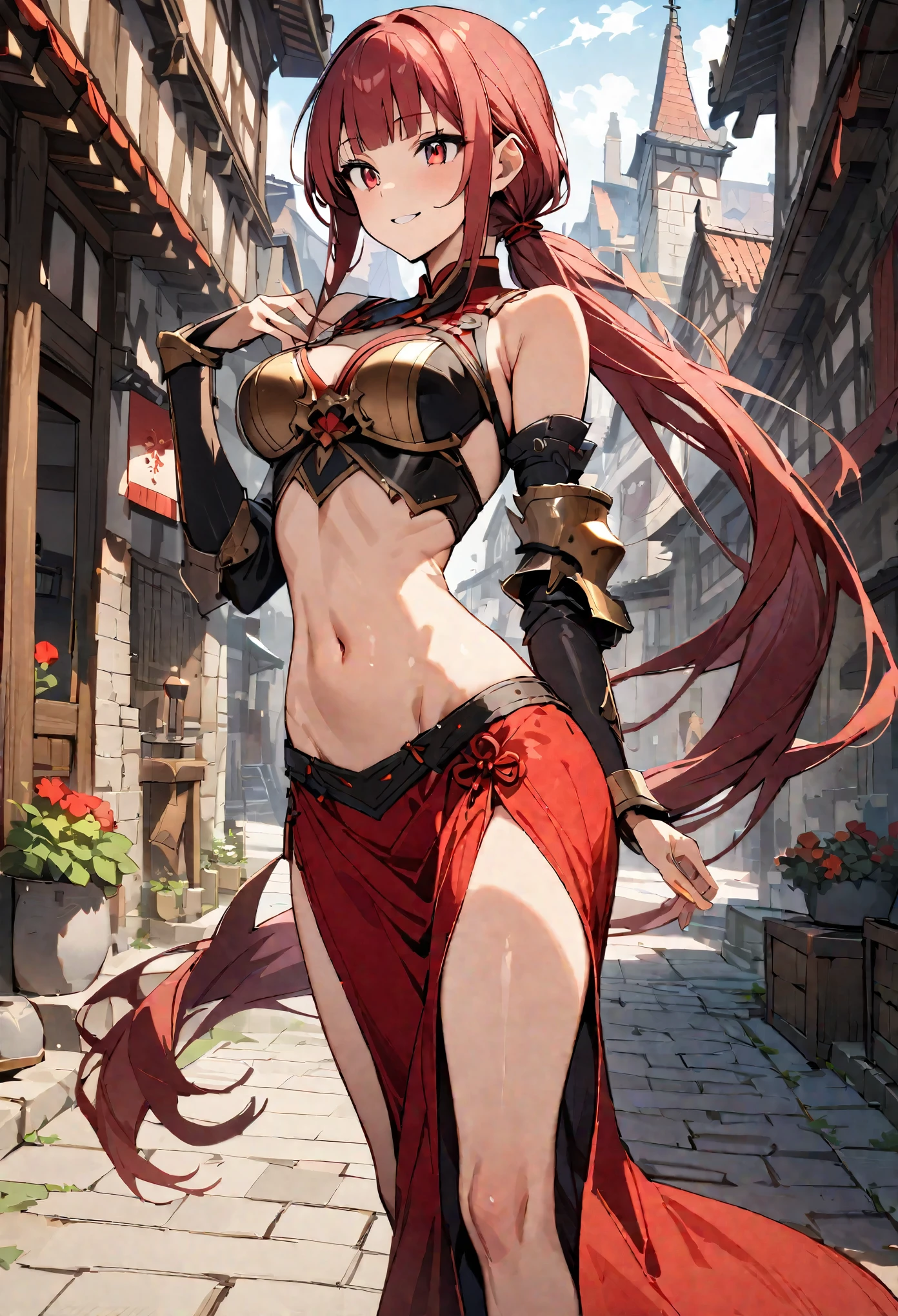 ((masterpiece,Highest quality:1.3)),cowboy shot,1woman,30 year old beauty,独奏,((very small head:1.2)),red hair,long hair,low ponytail,blunt bangs,red eyes,gorgeous eyes,smile,medium breasts,((very long body)),((toned body,slender body,skinny)),gleaming skin,shiny skin,knight armor、bara shoulder、Iron Gauntlet、navel、Red mini skirt,standing,city、sunny、Medieval Europe、