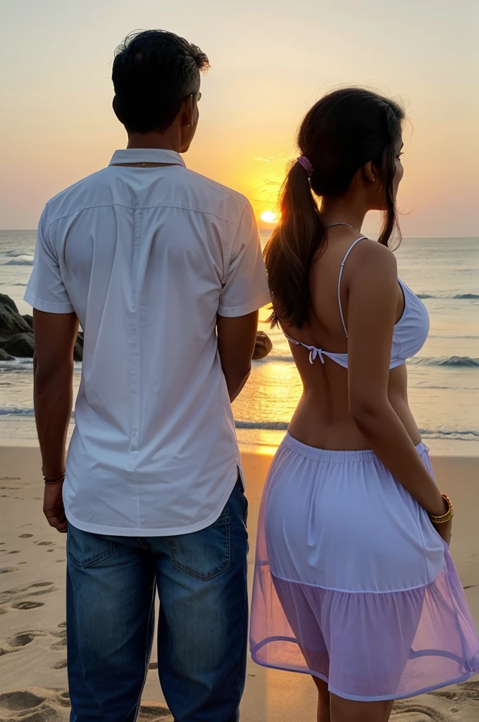Skyline, beach view, sunset, indian couple with full clothes watching back view