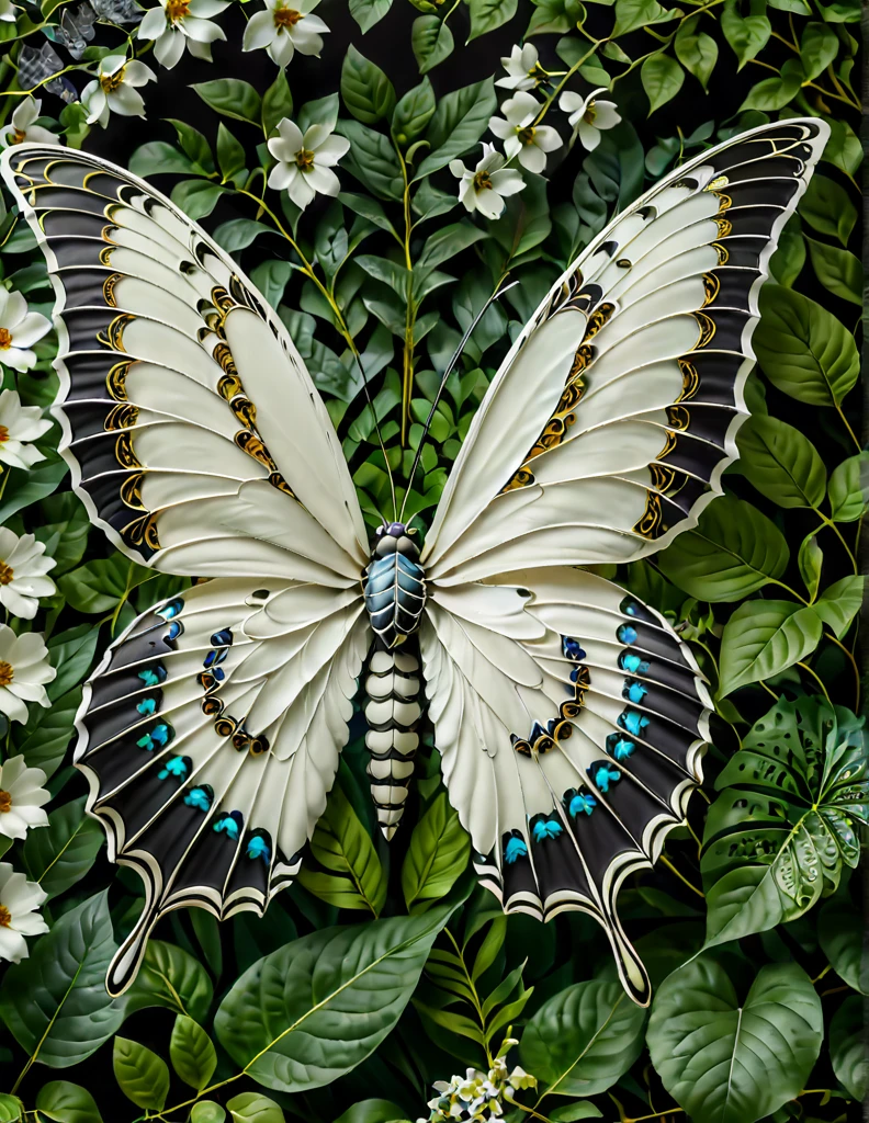 A high-resolution image of (a giant butterfly:1.5), exclusively in ((black and white colors)), with intricately detailed feathery wings. The butterfly’s wings have delicate, feather-like patterns, creating a striking monochromatic contrast. The background is filled with a lush arrangement of flowers in various stages of bloom, green leaves, and intertwining vines. The natural elements provide a vivid, colorful setting that enhances the dramatic black and white butterfly. The scene is brightly lit, highlighting the textures and details of the butterfly’s wings and the surrounding foliage.
