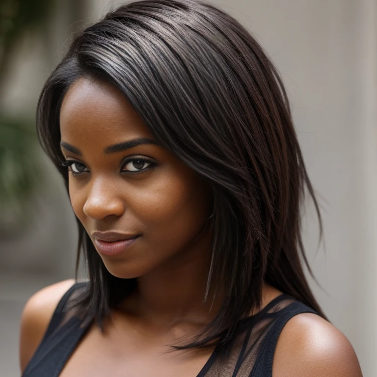 une femme noire et brune de 21 ans, Ici&#39;sur le visa trois natures, belles lèvres, Yeux fins, sourcils fins, nez mince, des boucles d&#39;oreilles, Cils longs., Met en valeur son sens unique de la mode dans un cadre branché. Elle porte un ensemble chic africain, combinant des pièces modernes avec des influences culturelles. L&#39;Image haute résolution capture un réalisme ultra détaillé, soulignant la pose confiante de Nyla, Des yeux captivants, et un teint impeccable. La toile de fond dynamique du paysage urbain africain ajoute une touche, créer une représentation visuelle représentative du style et du&#39;expression individuelle de Nyla.