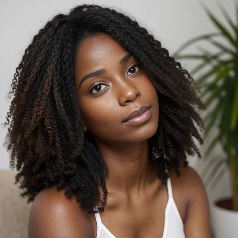 une femme noire et brune de 21 ans, Ici&#39;sur le visa trois natures, belles lèvres, Yeux fins, sourcils fins, nez mince, des boucles d&#39;oreilles, Cils longs., Met en valeur son sens unique de la mode dans un cadre branché. Elle porte un ensemble chic africain, combinant des pièces modernes avec des influences culturelles. L&#39;Image haute résolution capture un réalisme ultra détaillé, soulignant la pose confiante de Nyla, Des yeux captivants, et un teint impeccable. La toile de fond dynamique du paysage urbain africain ajoute une touche, créer une représentation visuelle représentative du style et du&#39;expression individuelle de Nyla.