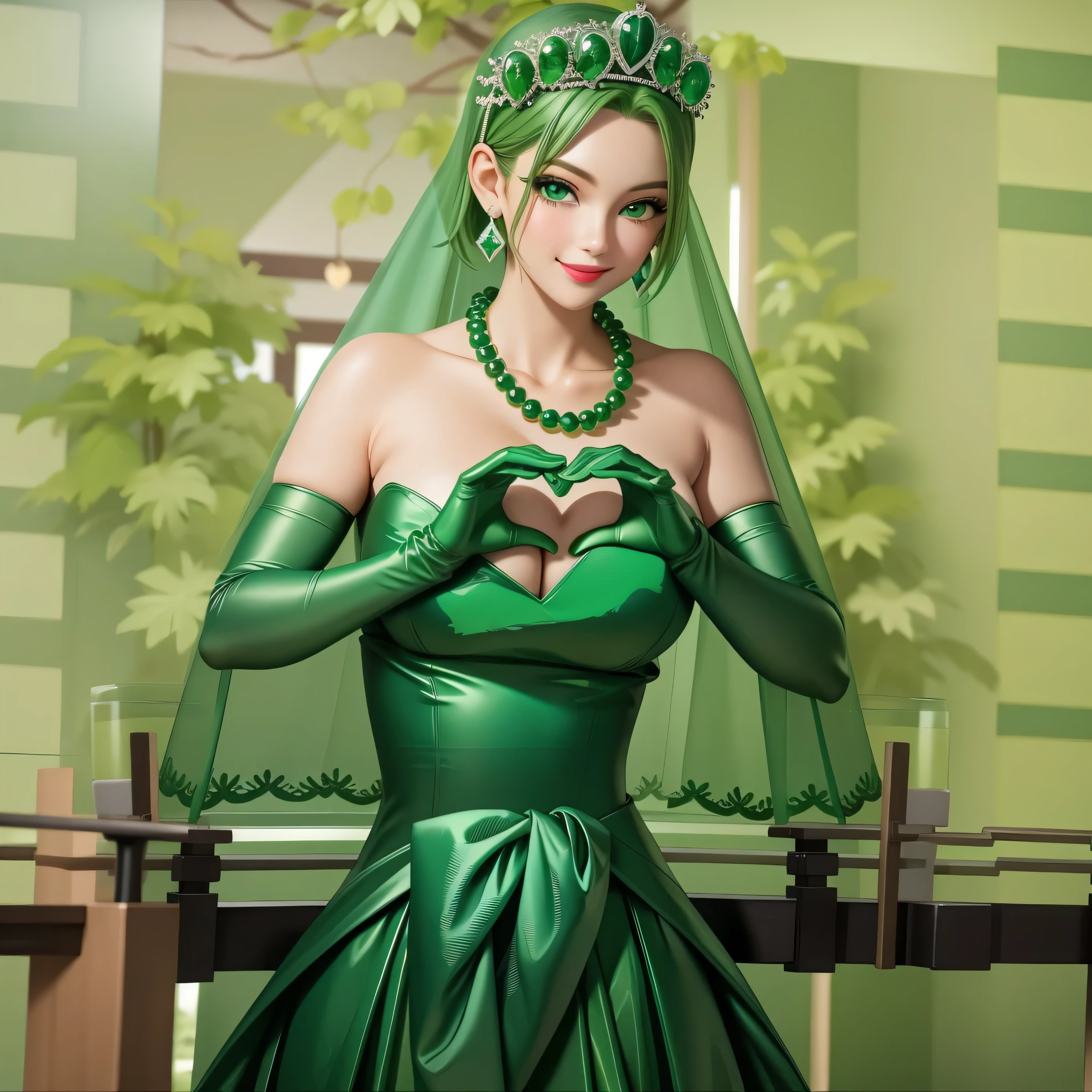 emerald tiara, Green Pearl Necklace, Boyish very short green hair, Green Lips, Smiling Japanese woman, Very short hair, Busty beautiful lady, Green Eyes, Green satin long gloves, Green Eyes, Emerald Earrings, Green veil, Heart with both hands, Green Hair, Beautiful Japanese Woman, Heart shaped hands:1.3, green lip gloss