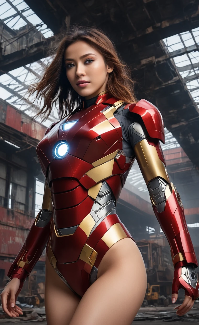 nanx, (1girl:1.3), solo,__body-parts__, official art, unity 8k wallpaper, ultra detailed, beautiful and aesthetic, beautiful, masterpiece, best quality, RAW, masterpiece, super fine photo,, best quality, super high Resolution, photorealistic, sunlight, full body portrait, stunningly beautiful,, dynamic pose, delicate face, vibrant eyes, (side view), she is wearing a futuristic Iron Man mech, red and gold, Highly detailed abandoned warehouse background, detailed face, detailed complex busy background, messy, gorgeous, milky, high detailed skin, realistic skin details, visible pores, sharp focus, volumetric fog, 8k uhd, dslr camera, High quality, film grain, fair skin, photorealism, lomography, sprawling metropolis in a futuristic dystopia, view from below, translucent, full body , sexy, less cloth, backside 