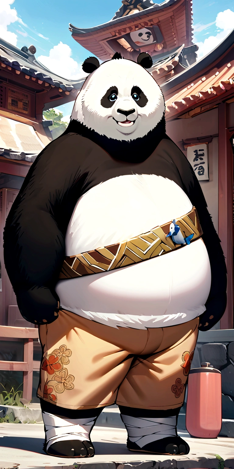 kfp_after, giant panda, (two tone skin, panda:1.1), gordo, chubby, body fur, head lock, green eyes, belt, brown shorts,paws, foot wraps,looking at the viewer, Serious, smiling,
standing, outside, jardin chino, koi afternd, tori rojo, blue sky, extreme detail, Masterpiece, Fancy, naked , hard penis , dildo, covered in thick white cum, man, Alone,